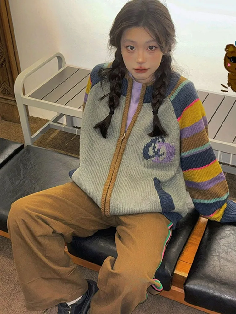 빈티지 스트라이프 가디건, Y2k 미적인 루즈 지퍼 그런지 니트 스웨터, 일본 캐주얼 스위트 레인보우 코트, 대비 색상