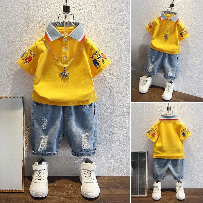 2-10 Years Kids Boys Clothes Set Summer Short Sleeve Cartoon Print Lapel T-shirt And Denim Shorts 2PCS Children Tracksuit Outfit 3