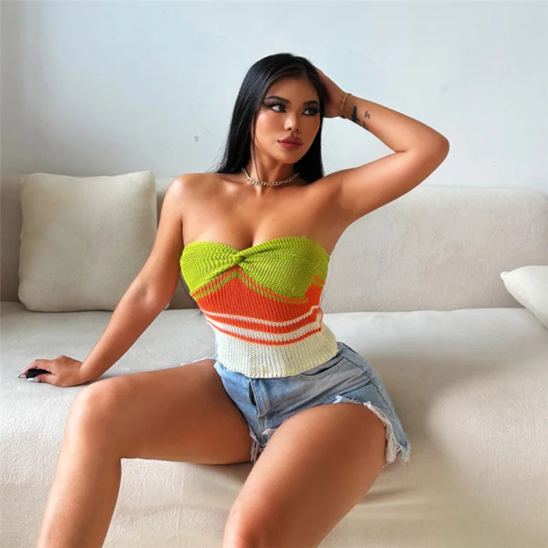 

DUTRIEUX Sexy Knitted Patchwork Crop Top Crochet Strapless Tank Tops Women Summer Clothes Streetwear Casual Y2K Tees Club Wear