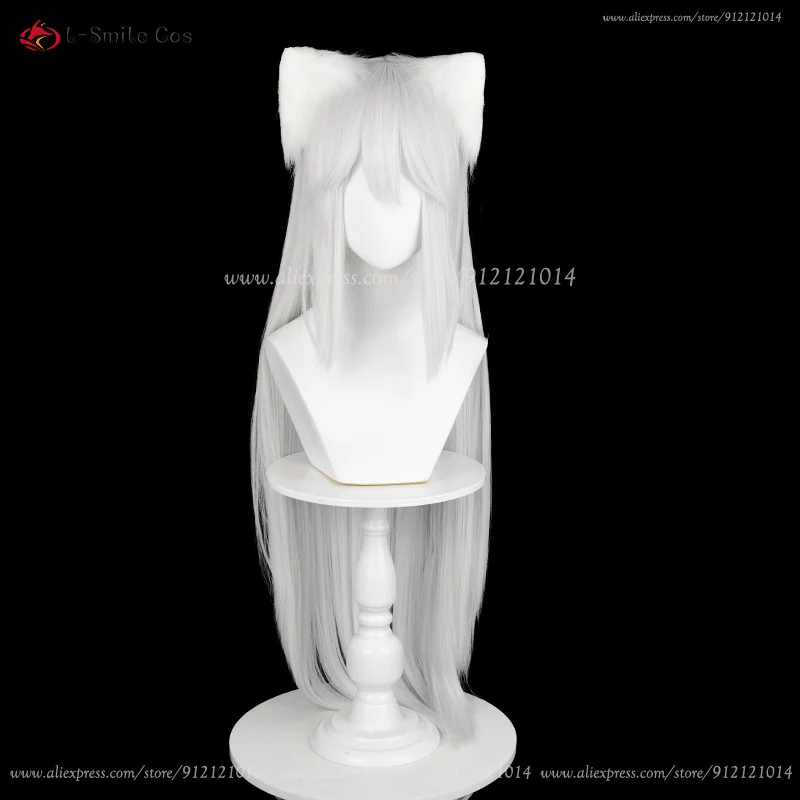 Tomoe Cosplay Perücke Silberweiß Unisex Anime Wig Hitzebeständig mit Ohren 26