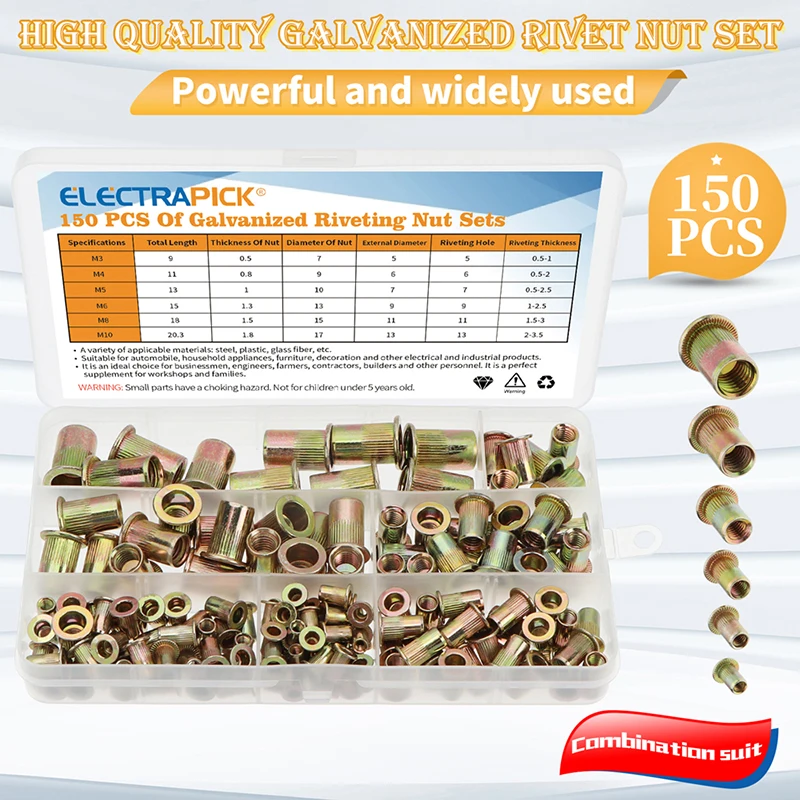 210/165/100PCS Carbon steel Rivet Nuts M4 M5 M6 M8 M10 M12 Flat Head Rivet Nuts Set Insert Reveting Multi Size Collocation