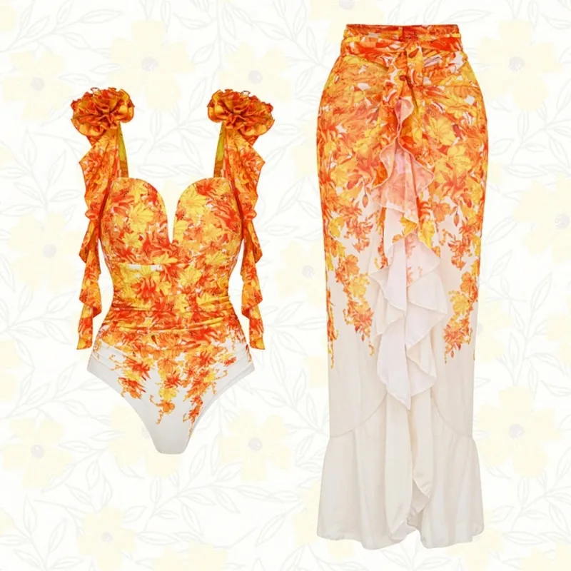

Retro Bikini Printed Fashion One Piece Swimsuit And Cover Up With Skirt Tight Women's Bandage Summer Beach Luxury Elegant