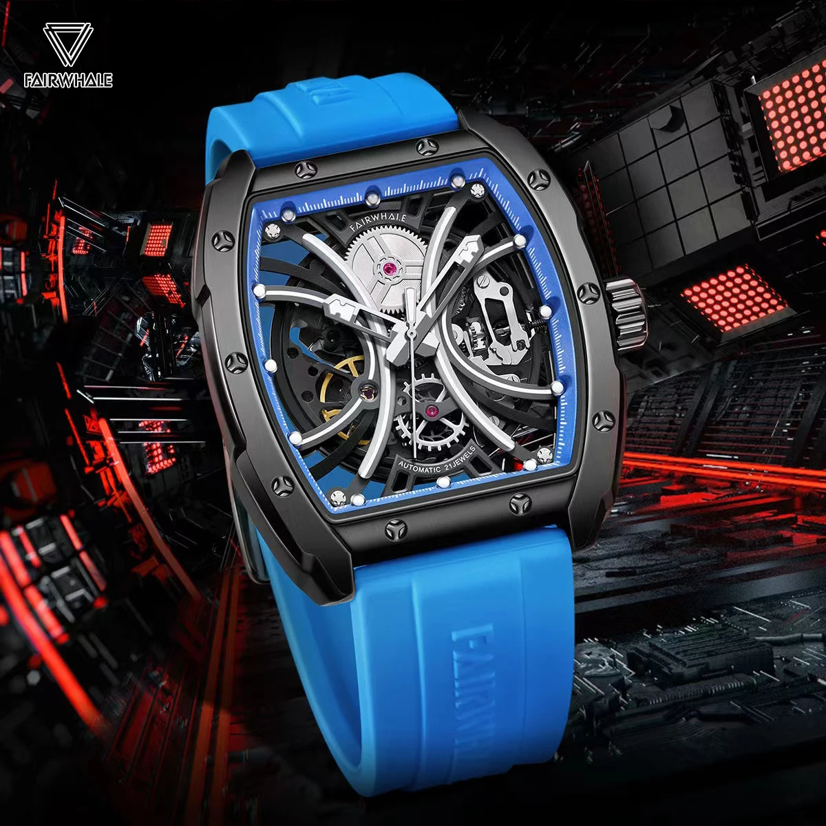 Men's Watches Auto Mechanical Wristwatch For Men Stainless Steel Case Automatic Man Mark Fairwhale Watch Waterproof Blue Red