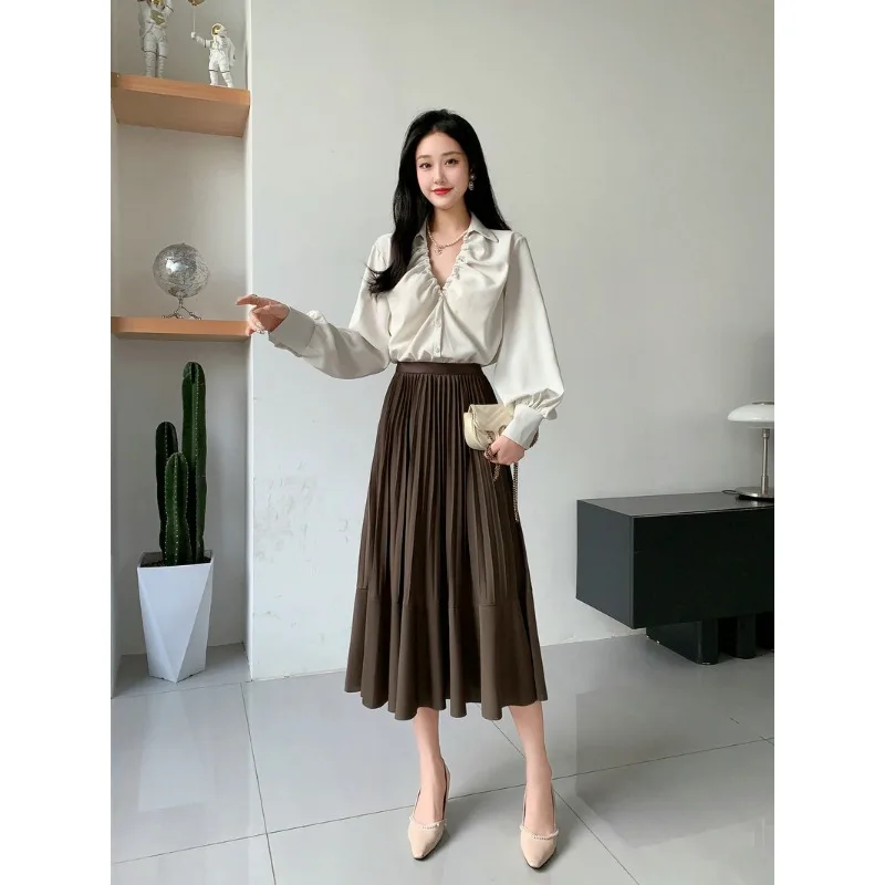 

Elegance Big Swing Patchwork Pleated Black Long Skirts for Women Y2k Streetwear High Waist A Line Polyester Skirt Korean Style