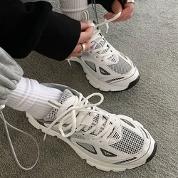 Women's Luxury Chunky Sneakers - Trendy 2024 Fashion Mesh Breathable Shoes for Sports, Running, and Casual Fitness (FK112 White Grey)
