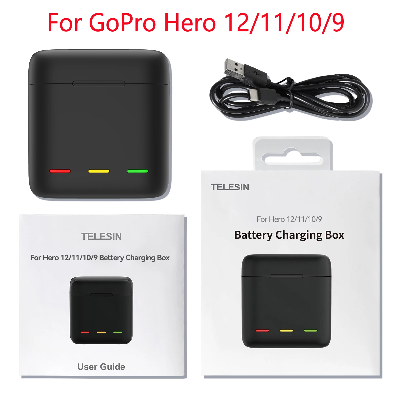 TELESIN-Chargeur de batterie multigéorgien à 3 voies, boîte de charge avec  batterie pour GoPro fore12 11 10 9, accessoire de caméra d'action