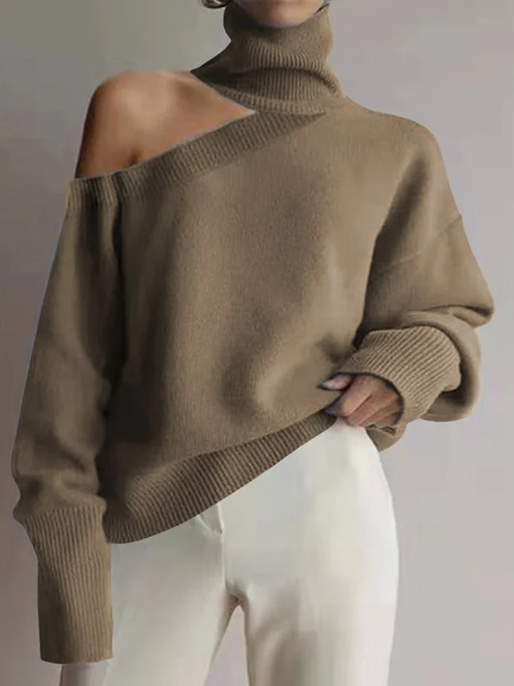 Women\'s Sweaters 2024 Autumn Winter New in High Collar Off Shoulder Knitted Sweater Women\'s Leopard Pattern Long Sleeve Top