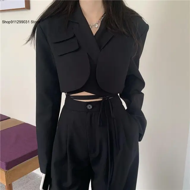 Women Sexy New Chic Crop Blazer Jacket ;High Waist Trousers Suits Wide Leg Pants Outfit 2-Piece Set Fashion For Female Summer