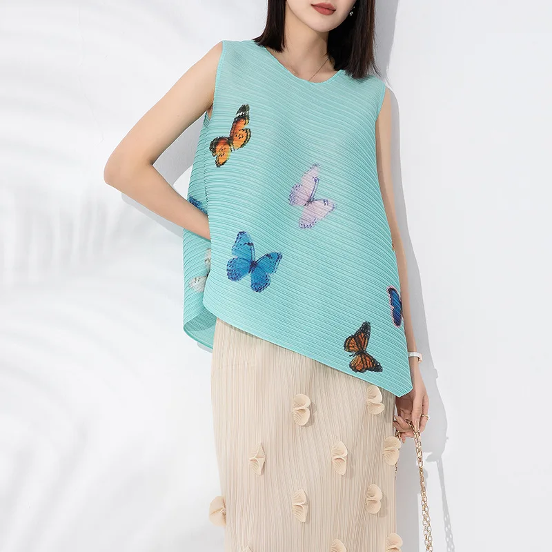 

Miyake Pleated Fashion Design New 2023 Summer Print Round Neck Pullover Simple and Comfortable Model of The Versatile Tank Tops