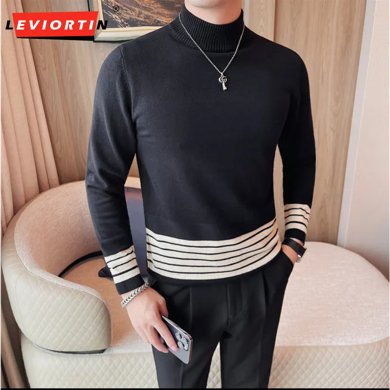

Autumn and Winter Simple Stripe Half High Neck Sweater Men's Long Sleeve Slim Fit Versatile Knitted Top Casual Business Pullover