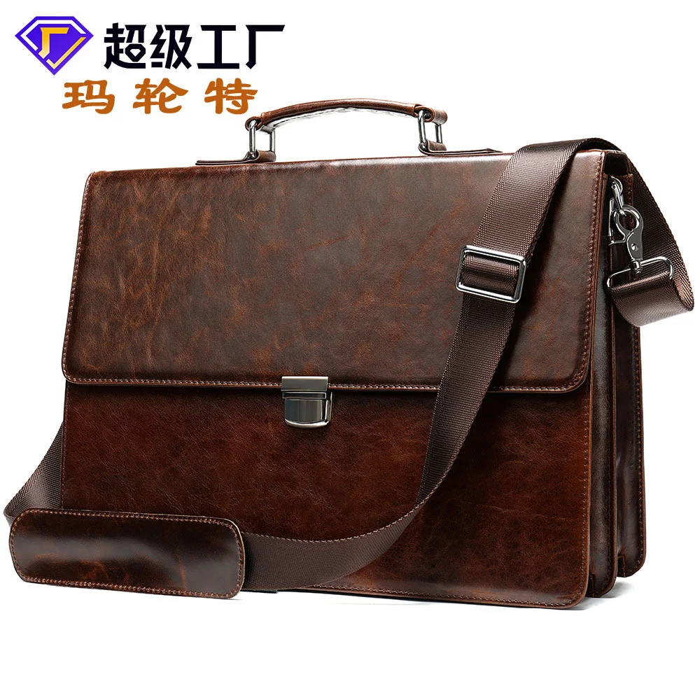 

Leather business men's portable briefcase oil wax postman's bag large capacity One Shoulder Messenger men