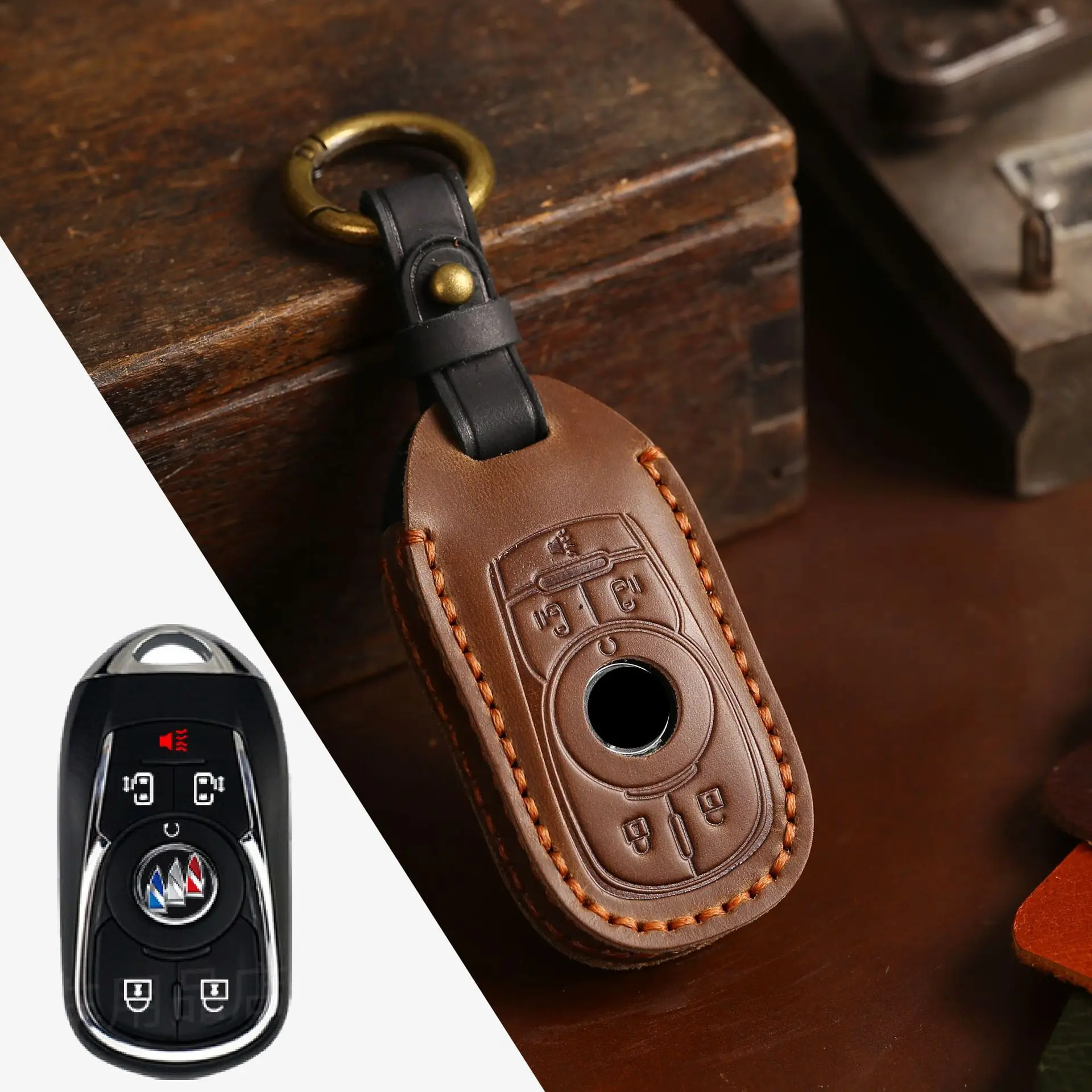 Luxury Leather Key Fob Cover: Anti-Scratch, Shockproof Protection with Metal Ring