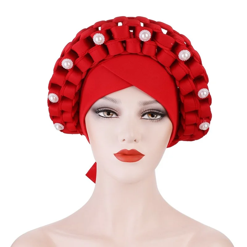 

Latest African Auto Gele Headties Already Made Headtie Pearls Turbans Caps For Women Muslim Hijab Hat Nigerian Wedding Head Wrap