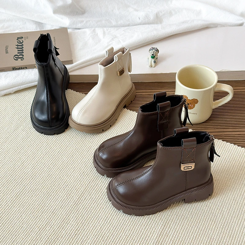 Girls Leather Ankle Boots Winter Kids Thick Sole Non Slip