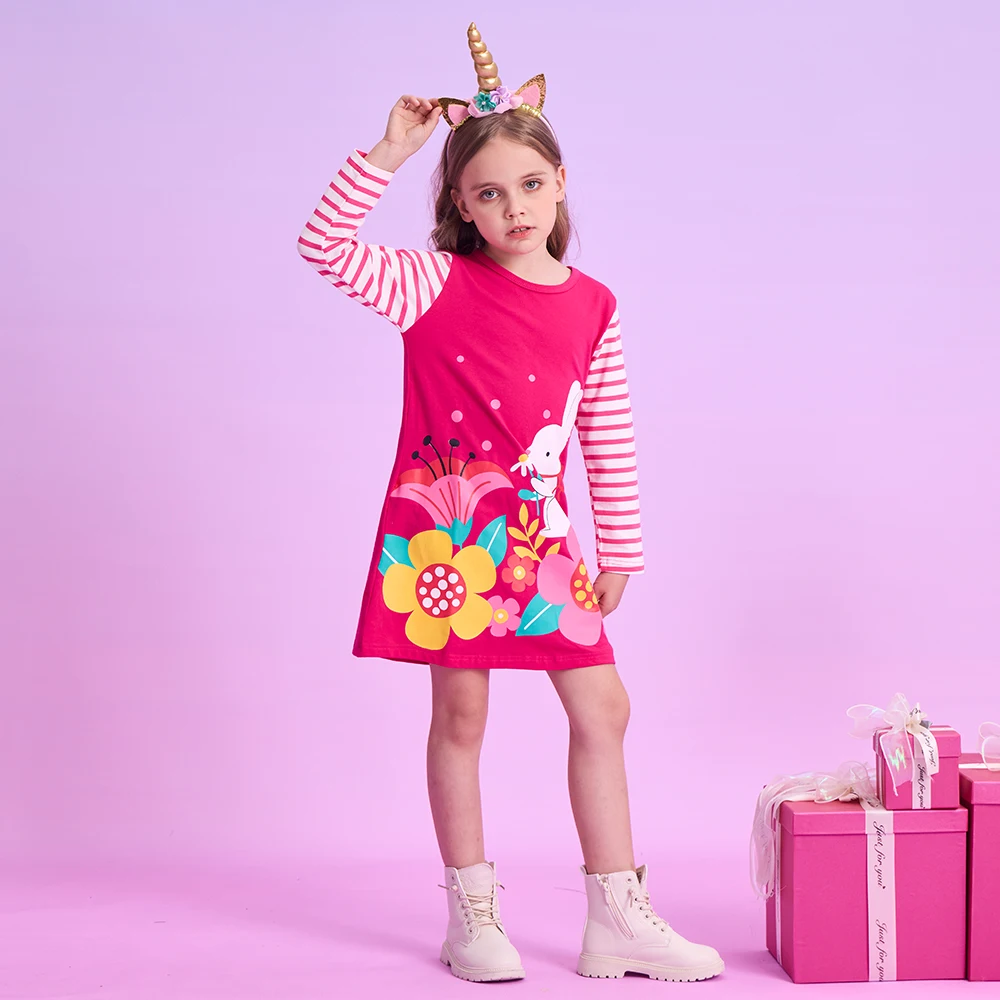 DXTON Spring Autumn Toddler Dresses For Girls Striped Sleeve Casual Kids Dress Floral Printed Rabbit Cartoon Children Clothing