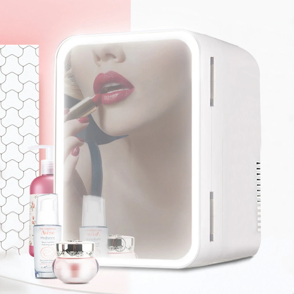 8L Mini-Make-up-Kühlschrank mit LED-Lichtspiegel, tragbarer Kosmetik-Aufbewahrungskühlschrank, hält frischen Kühler für Zuhause, Auto, Dual Us