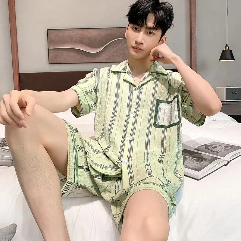 Summer Men Sleepwear Striped Cotton Pajamas Sets for Men Short Sleeve Pyjama Male Homewear Loungewear Lounge Wear Clothes