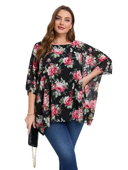 Women Plus Size Bohemian Summer Blouse Batwing Sleeve Oversized Chiffon Blouse Scoop Neck Large Size Casual Tunic Top Shirt 4XL