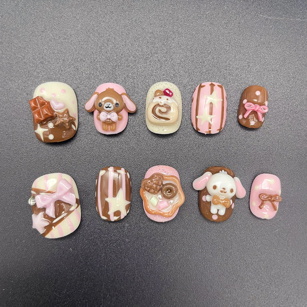 Kawaii Kaninchen-Bär Schokoladencreme Design Press-On Nägel Kurze Runde Form Niedliche Rosa Süße Keks 3D Puppen Cartoon Künstliche Nägel – Detail 16