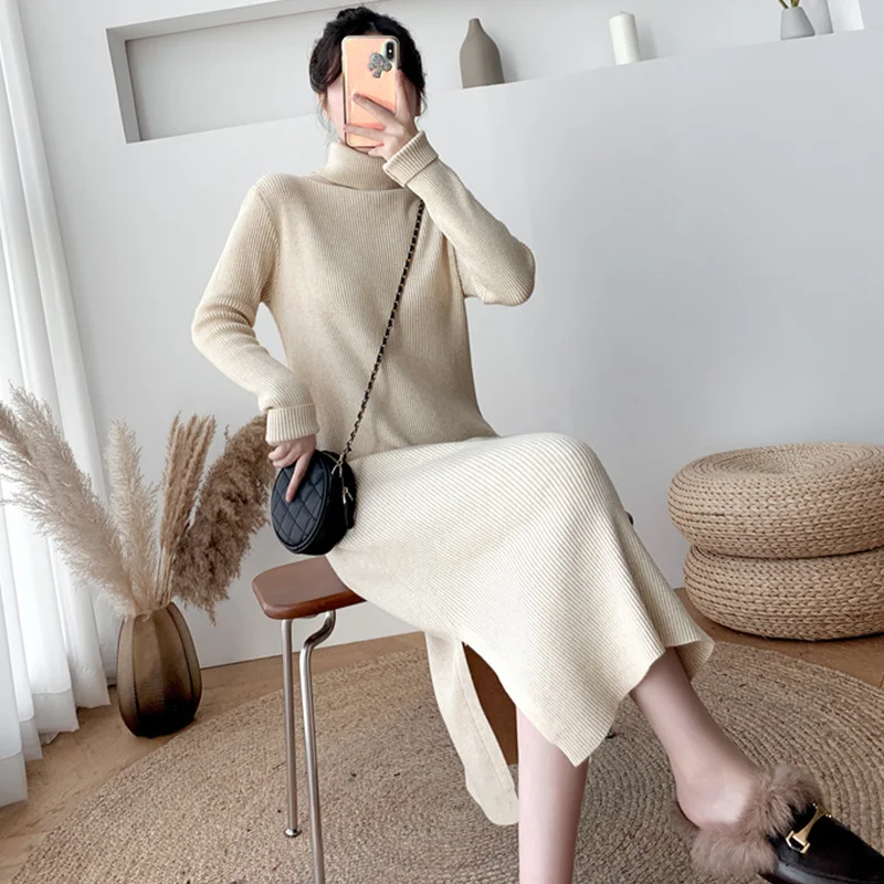 

Blue Turtleneck Woolen Dress for Women Thicken Winter 2022 Elegant Long Knit Dresses Vestido Female Autumn Sweater Clothing
