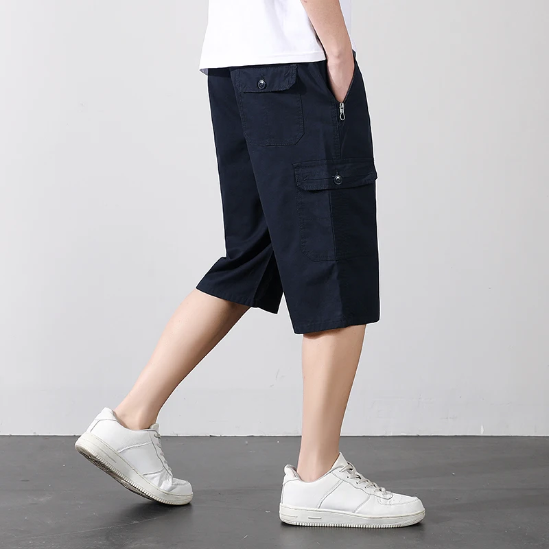 Men's Summer Pockets Solid Color Button Zipper High Waist Casual Knee Pants Straight Cargo Trousers Clothing Preppy Style Shorts