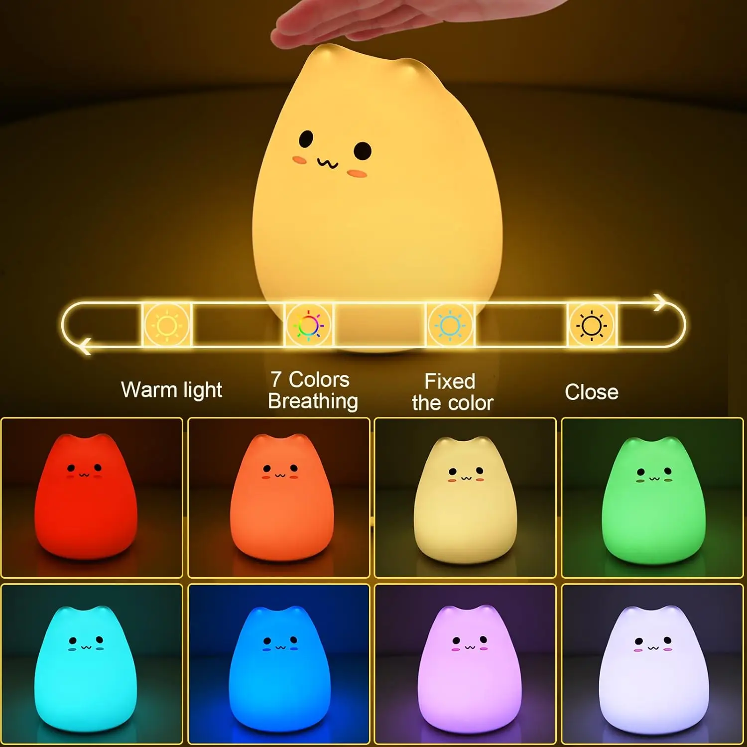 귀여운 고양이 모양 RGB 색상변환 수면등, 따뜻한 백색 및 7가지 색상 호흡 모드 포함, 아이들/들을 위한