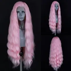 Pastel Pink Natural Wave Synthetic Lace Front Wig for Women - Long Loose Curl, Heat Resistant Cosplay Wig (Light Pink)