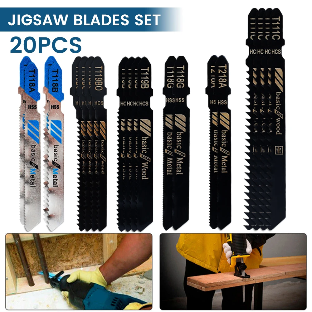 20Pcs Jigsaw Blades Set T-Shaft HCS Assorted Jig Saw Blades for Wood Plastic Metal Cutting With Box for Black & Decker Metabo