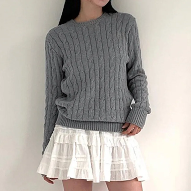 

Fashion Trend Solid Color Fried Dough Twists Sweater for Women Spring Autumn 2024 Round Neck Loose Simple Casual Pullovers Top