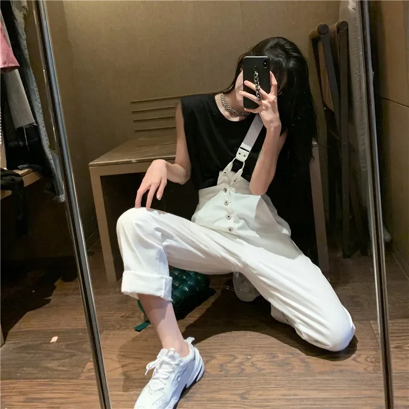 여성용 하이 웨이스트 청바지 롬퍼, 단색 루즈 캐주얼 스트레이트 데님 오버올, 여성 단추 점프수트, 화이트 블랙, 2024