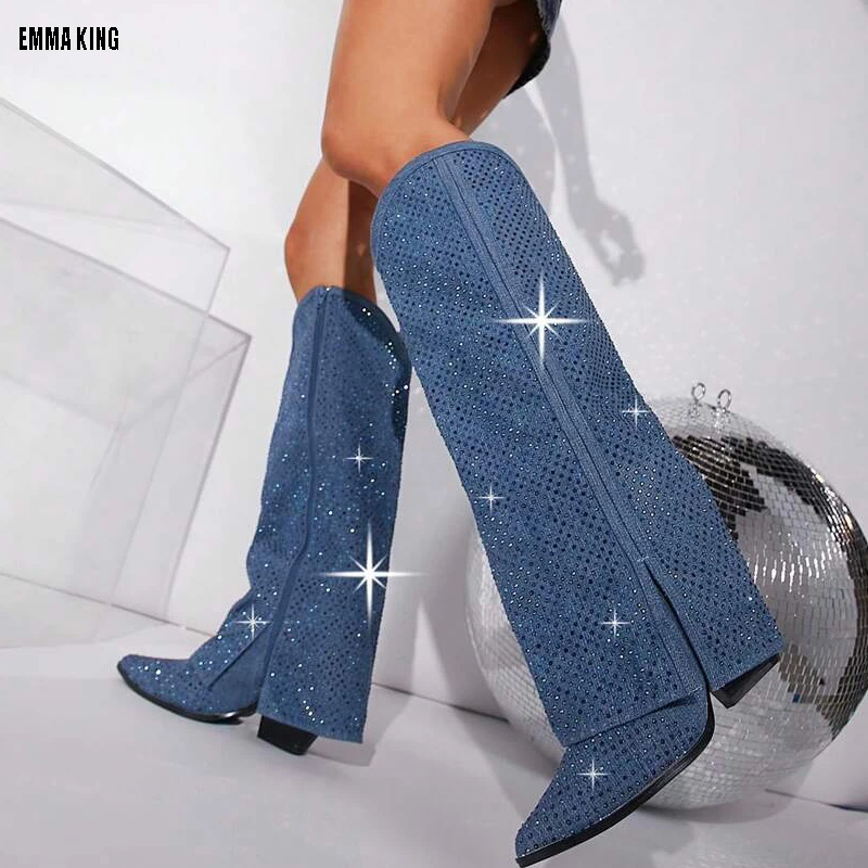 

Women's New Small Trouser leg Knee High Bots wedge heel Jeans Long Pants Crystal Pants Boots 44