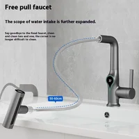 Full copper faucet pullout bathroom faucet lifting washbasin digital display smart pull-out rotating anti-splash water basin tap 4