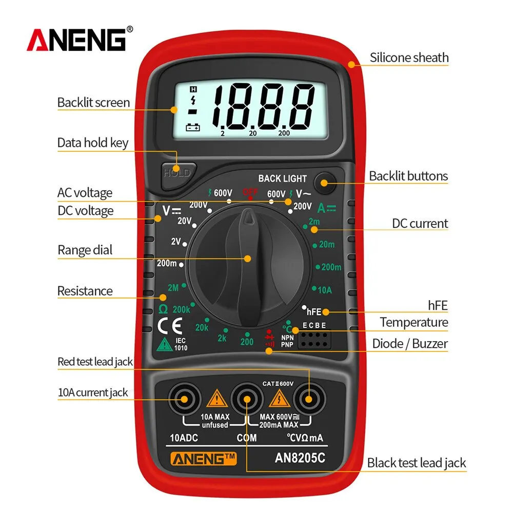 Digital Multimeter ANENG AN8205C Digital Tester AC/DC Ammeter Multimeter Volt Ohm Multimetro Meter With Thermocouple LCD Backlight Portable Tools