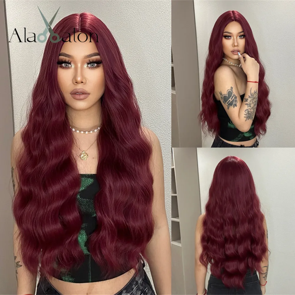 ALAN EATON Long Burgundy Wave Synthetic Hair Wigs Natural Middle Part Wine Red Wig for Daily Party Use Women Heat Resistant Wig