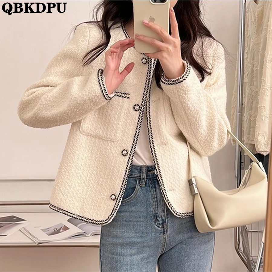 

White Luxury Vintage Crop Tweed Jacket Women Sping Elegant Korean Fashion Coats Single Breasted Outwear Solid Long Sleeve Abrigo