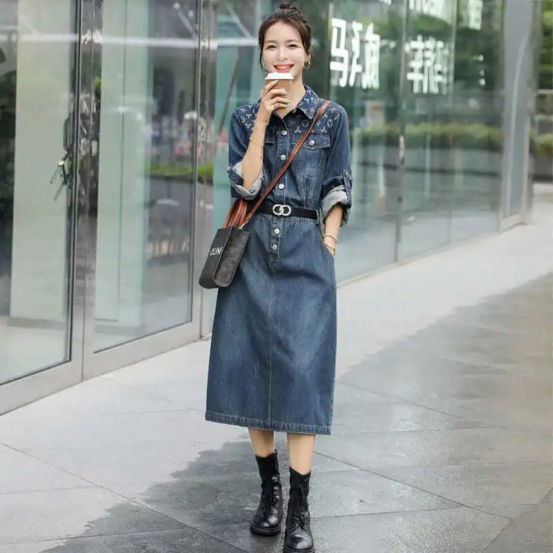 Casual Denim Shirt Dress Women's 2023 Spring Autumn Temperament Slim  Long-sleeved Jeans Dress With belt Office Bag hip Dresses