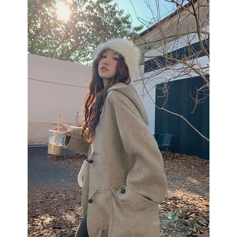 Fat MM300 Catty Hooded Cowhide Button Woolen Coat 2023 Autumn and Winter New Loose Medium Length Woolen Coat Women's Solid Color