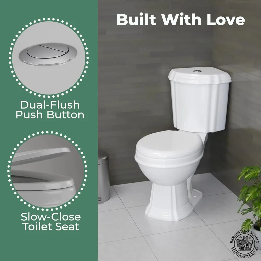 12" Corner Toilet, Dual Flush WaterSense, Slow Close Seat, White Round Bowl for Small Bathrooms