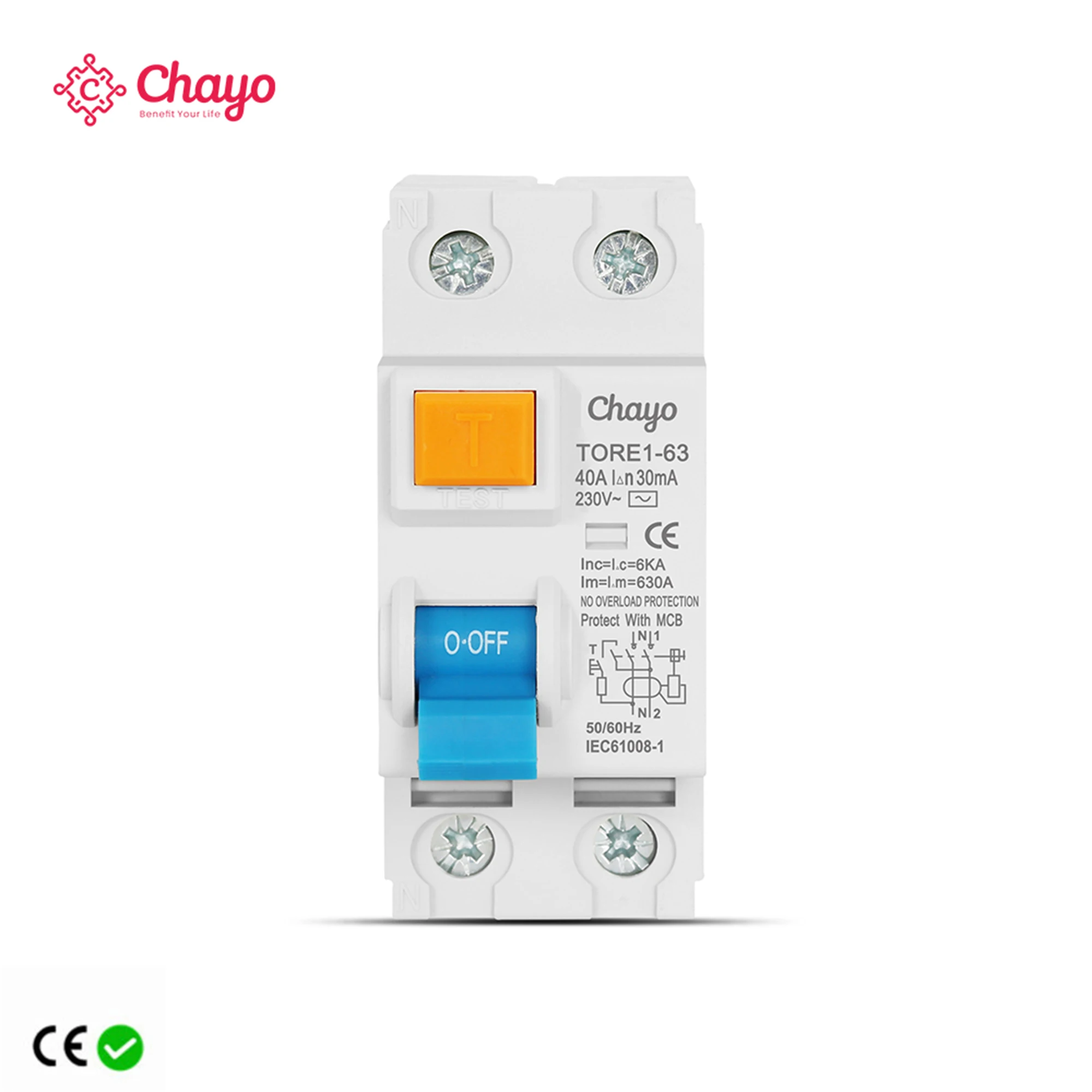 Dual Pole Electromechanical Residual Current Circuit Breaker with Safety Switch