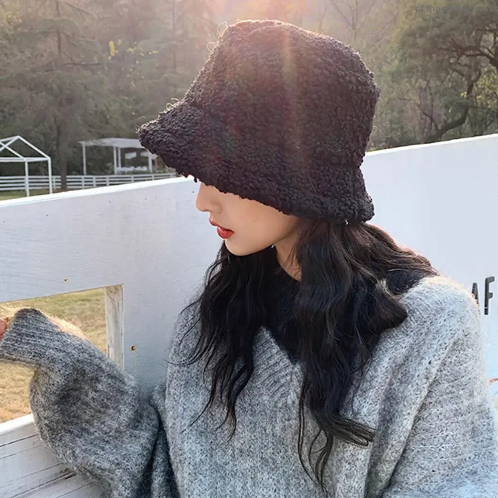 Lamb Faux Fur Bucket Hat Winter Women Outdoor Panama Fisherman Hat