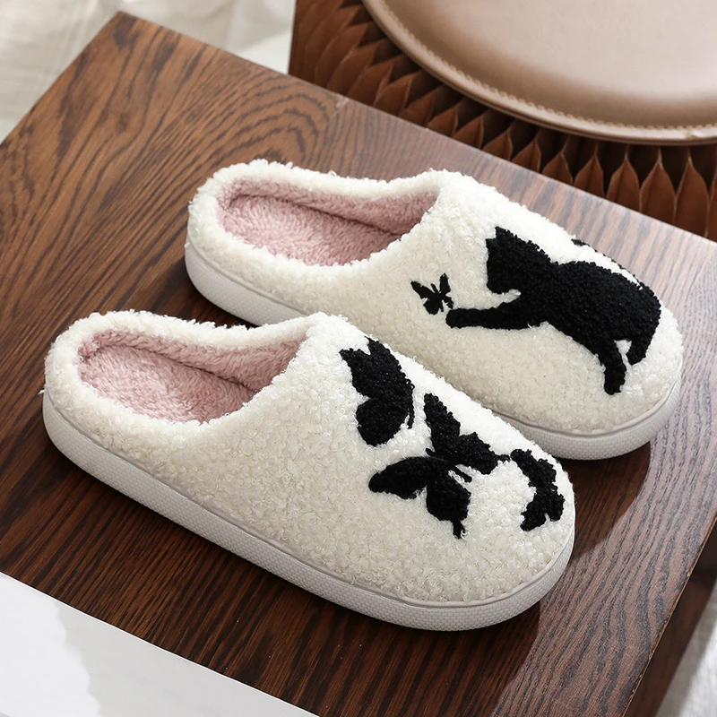 Cartoon Embroidery Plush Slippers for Women 2025 Soft Platform Home Slides Woman Winter Cute Warm Non-Slip Indoor Slippers Mujer