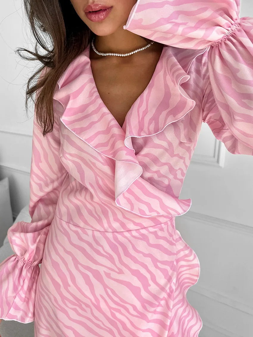 Pink Printed Ruffled Long Dress Women's Lace-Up Long Sleeve Elegant Contrast Patchwork Party Dress Female Bandage Dress