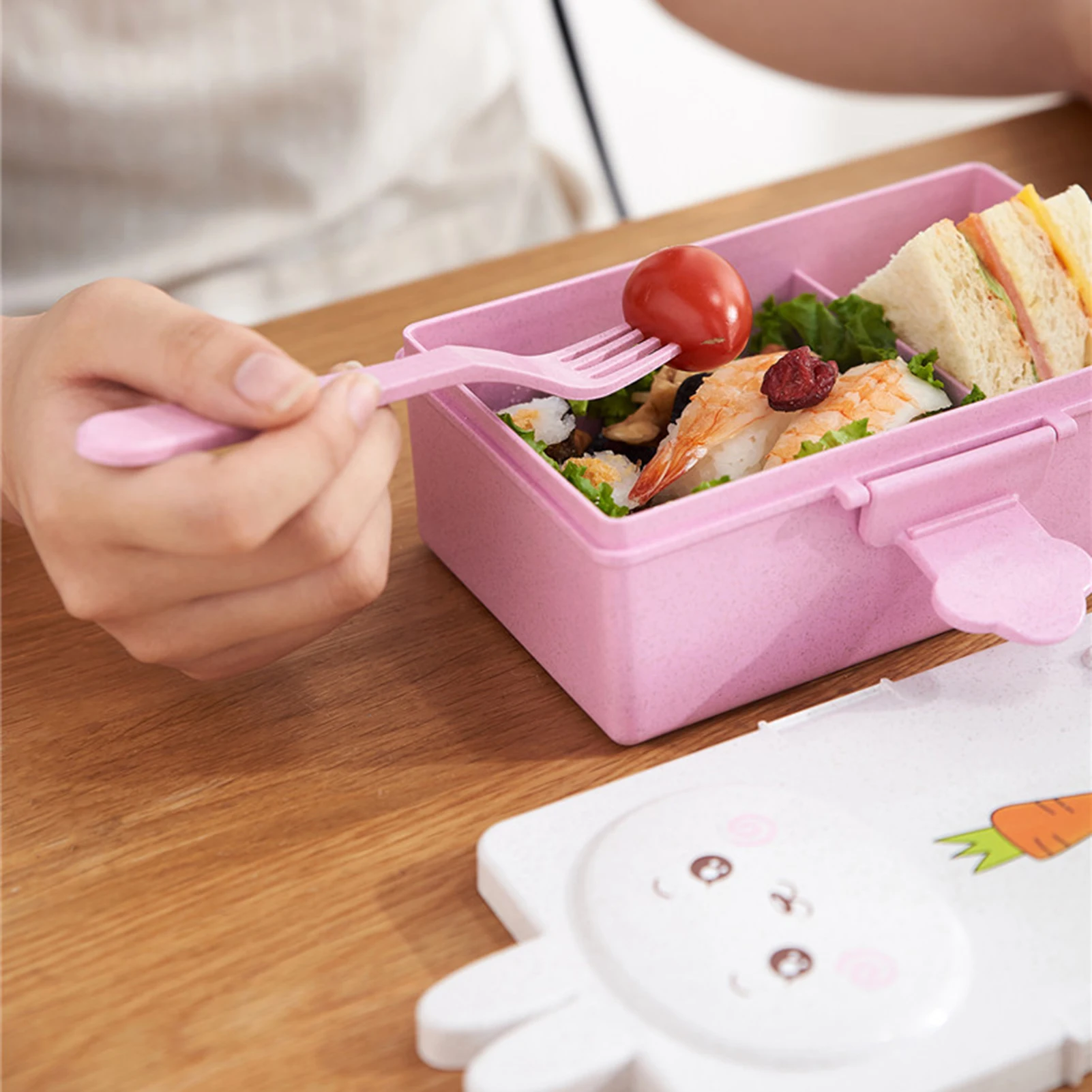 1 Set Bento Box Cartoon Shape Compartment Snap-design Good Sealing Kawaii  Kindergarten Children Lunch Box With Tableware