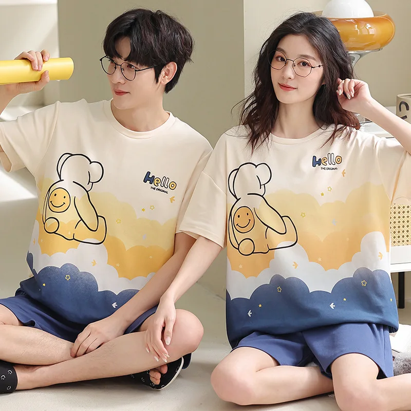 2023 Summer Korean Style Couple Pajamas Bear Printing Household Women's Clothes Pajamas Cotton Material Loungewear Sleepwear Men