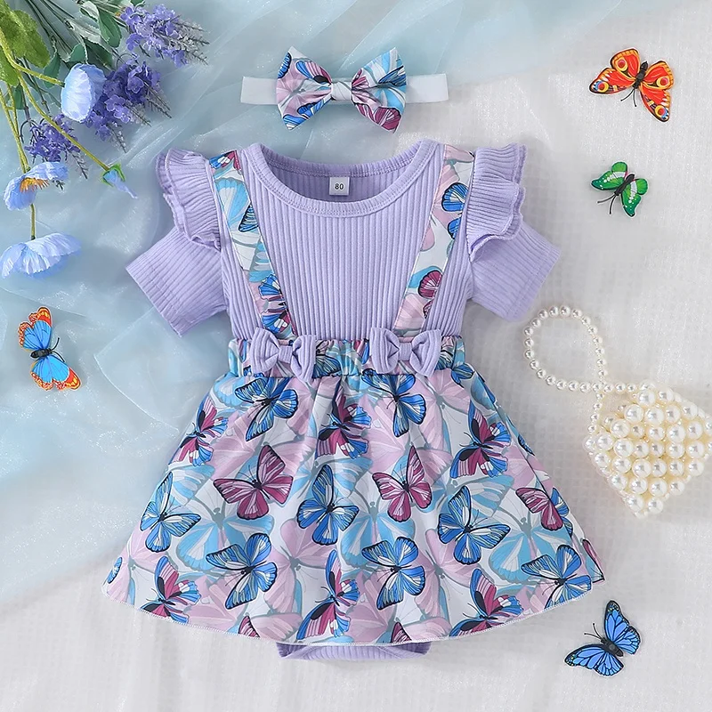 

Dress Baby Girls Knee Length Jumper Dress Bufferfly Crew neck Colorful Short Sleeve Summer A-Line Regular