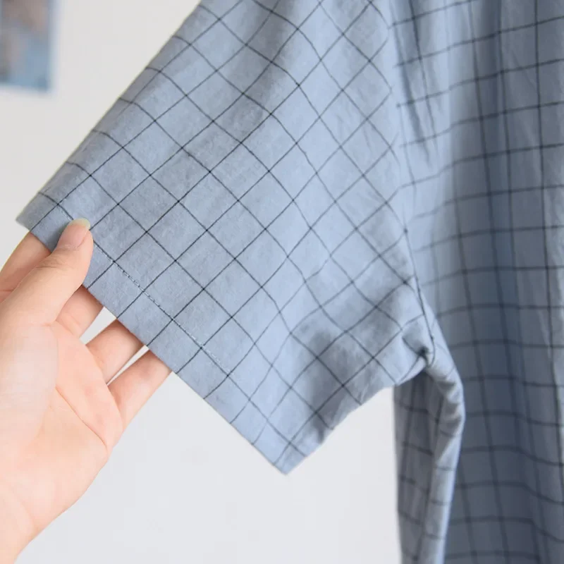 Men Trousers Pajamas Set Spring Summer Thin Plaid Design Cotton Fabric Short Sleeved Long Pants