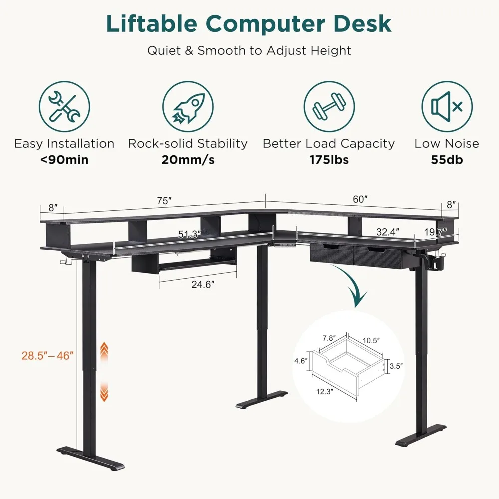 L Shaped Electric Standing Desk, 75X60 Inches, Height Adjustable, Corner Gaming Desk with Drawers, Power Outlets & LED Lights 2