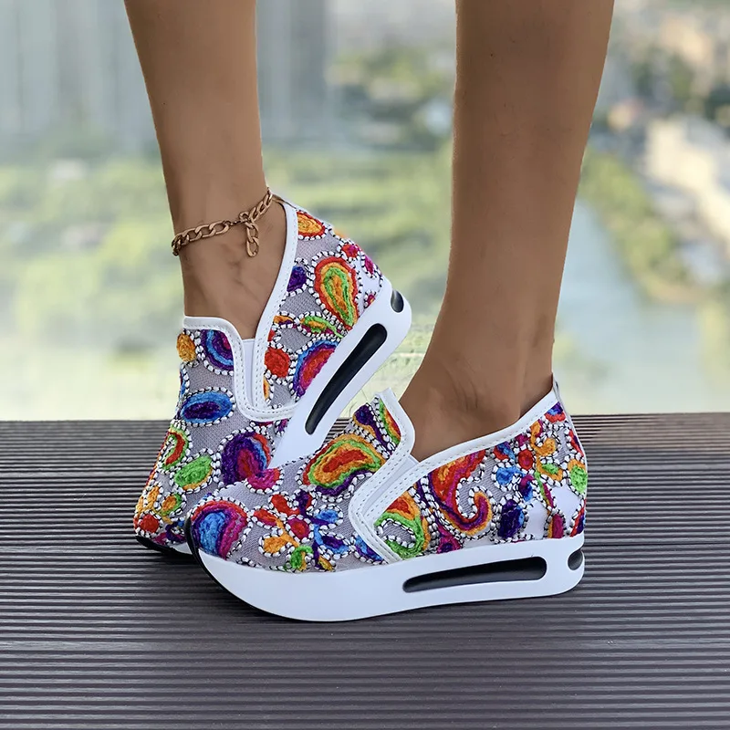 Women's Floral Pattern Embroidery Wedge Shoes round Toe Mesh Platform Sneakers Fashion Spring Autumn Increase Height