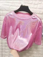 summer woman tops shiny loose short sleeve t-shirt sexy club aesthetic harajuku women stylish bright silk tshirt - Image 3