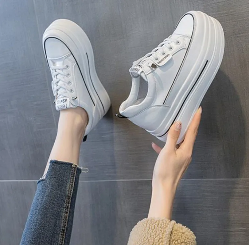8.5cm Genuine Leather Women Autumn Hidden Heels Ladies Chunky Sneakers Thick Soled Spring Platform Wedge Summer Fashion Shoes 2